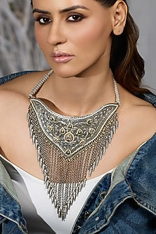 Oxidised Silver Finish Green Stone Choker Necklace