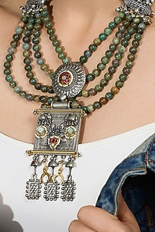 Antique silver Finish Green Beaded Pendant Necklace