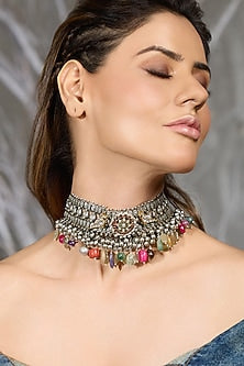 Oxidised Silver Finish Multi-Colored Beaded Choker Necklace
