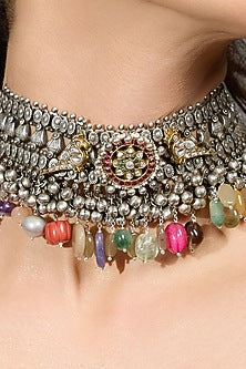 Oxidised Silver Finish Multi-Colored Beaded Choker Necklace