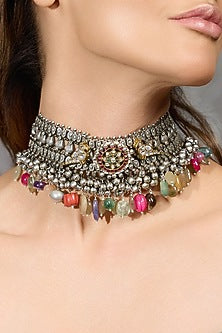 Oxidised Silver Finish Multi-Colored Beaded Choker Necklace