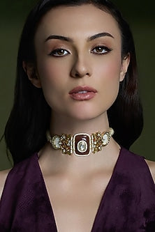 Gold Finish Pearl & Red Gemstone Necklace