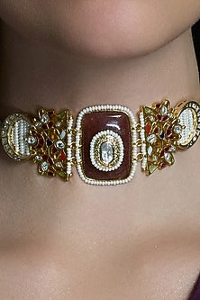 Gold Finish Pearl & Red Gemstone Necklace