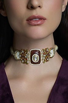 Gold Finish Pearl & Red Gemstone Necklace