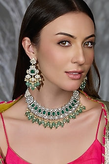 Gold Finish Green & White Stone Necklace Set
