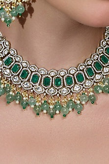 Gold Finish Green & White Stone Necklace Set