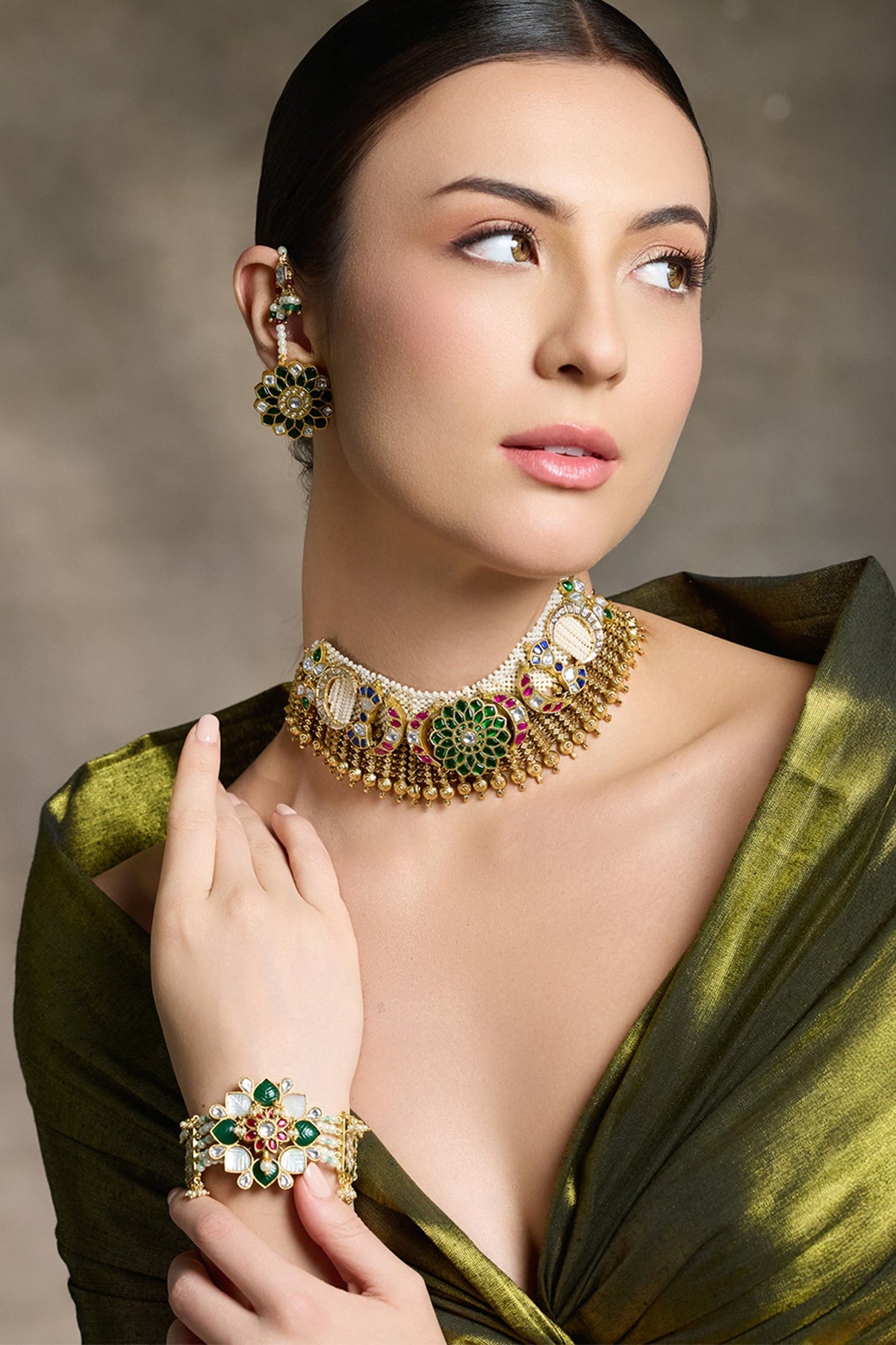 Gold Finish Green & Red Beaded Necklace Set