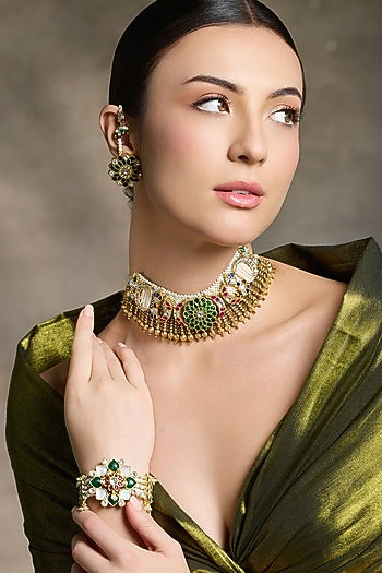 Gold Finish Green & Red Beaded Necklace Set