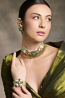 Gold Finish Green & Red Beaded Necklace Set
