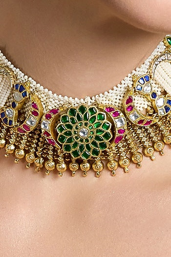 Gold Finish Green & Red Beaded Necklace Set