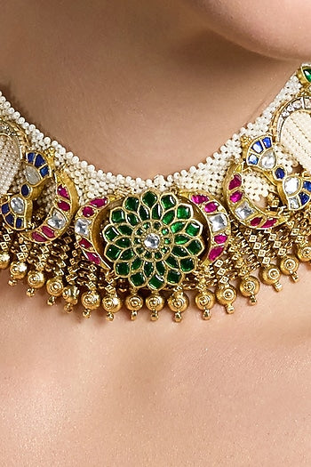 Gold Finish Green & Red Beaded Necklace Set