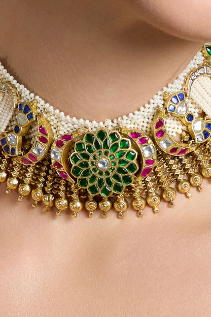 Gold Finish Green & Red Beaded Necklace Set