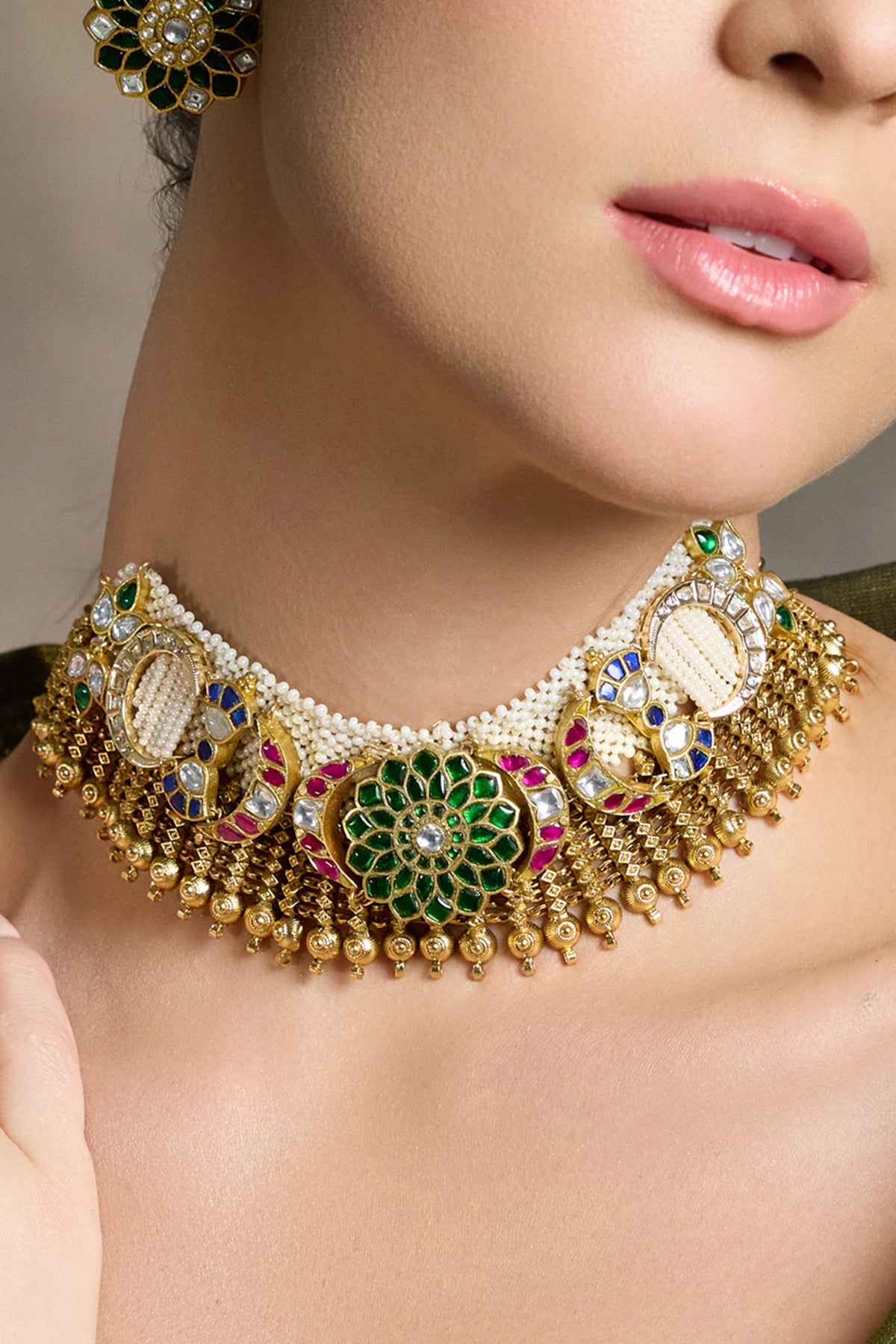 Gold Finish Green & Red Beaded Necklace Set