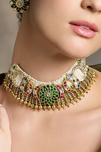 Gold Finish Green & Red Beaded Necklace Set