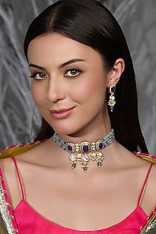 Gold Finish Blue Sapphire Stone Necklace Set