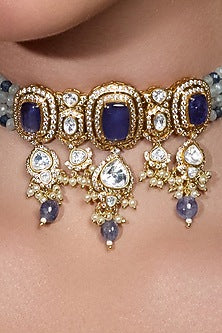 Gold Finish Blue Sapphire Stone Necklace Set