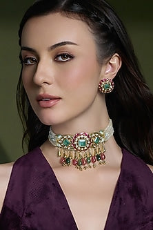 Gold Finish Pink & Green Gemstone Necklace Set