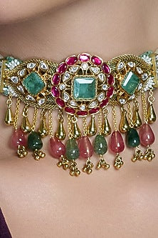 Gold Finish Pink & Green Gemstone Necklace Set