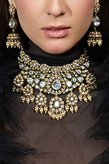 Gold Finish Kundan Polki Necklace Set