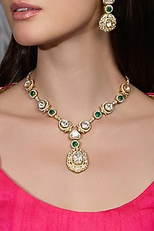 Gold Finish White Stone & Green Beaded Necklace Set