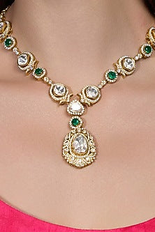 Gold Finish White Stone & Green Beaded Necklace Set