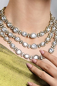 Gold Finish Kundan Polki Layered Necklace Set