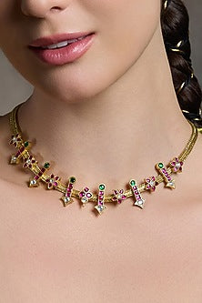 Gold Finish Red Stone Necklace Set