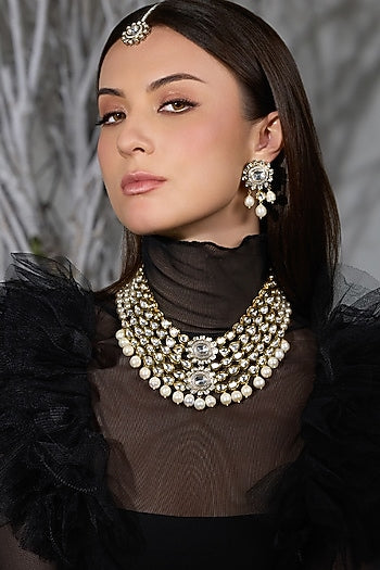 Gold Finish Pearl Layered Necklace Set