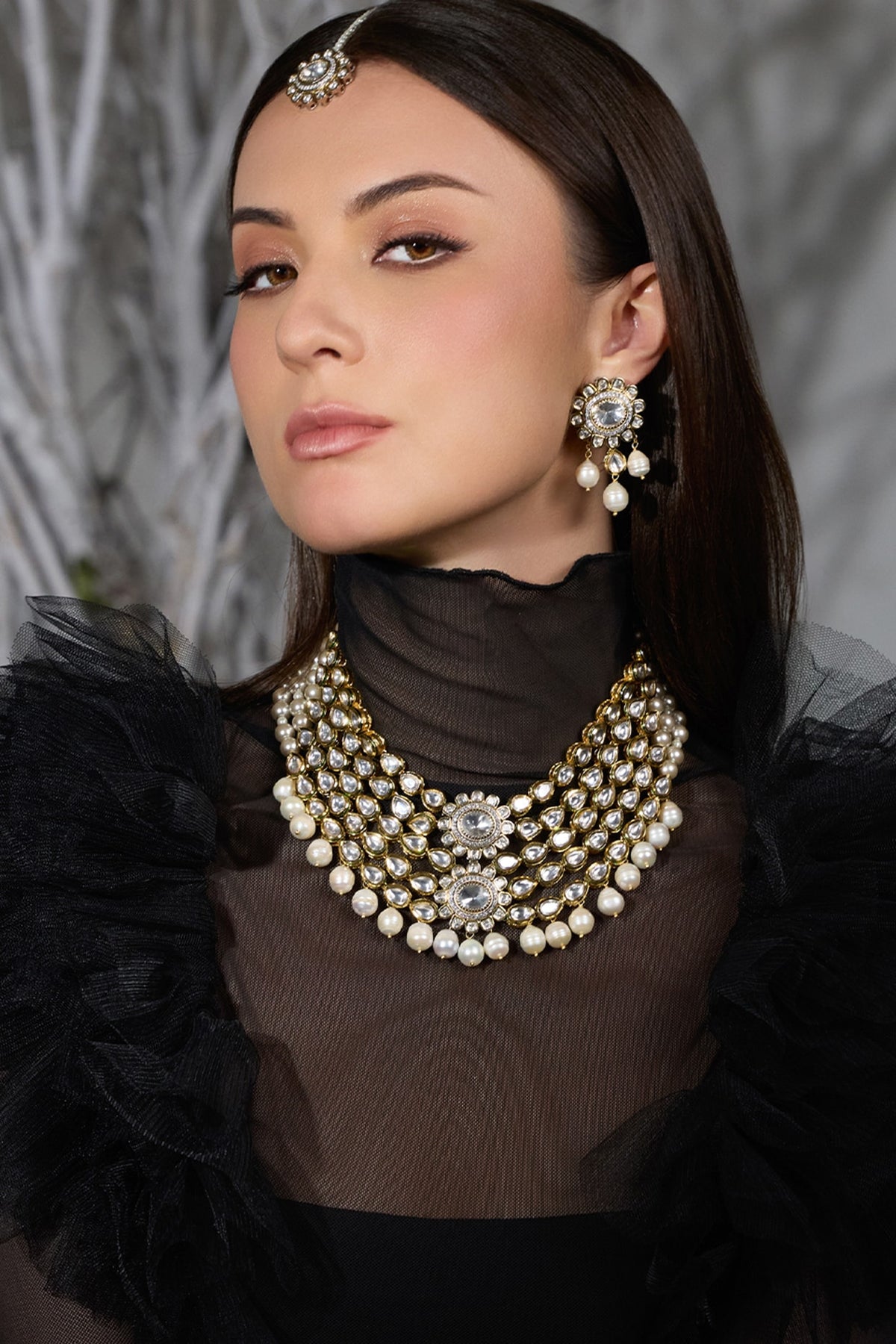 Gold Finish Pearl Layered Necklace Set