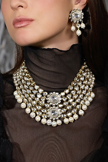 Gold Finish Pearl Layered Necklace Set