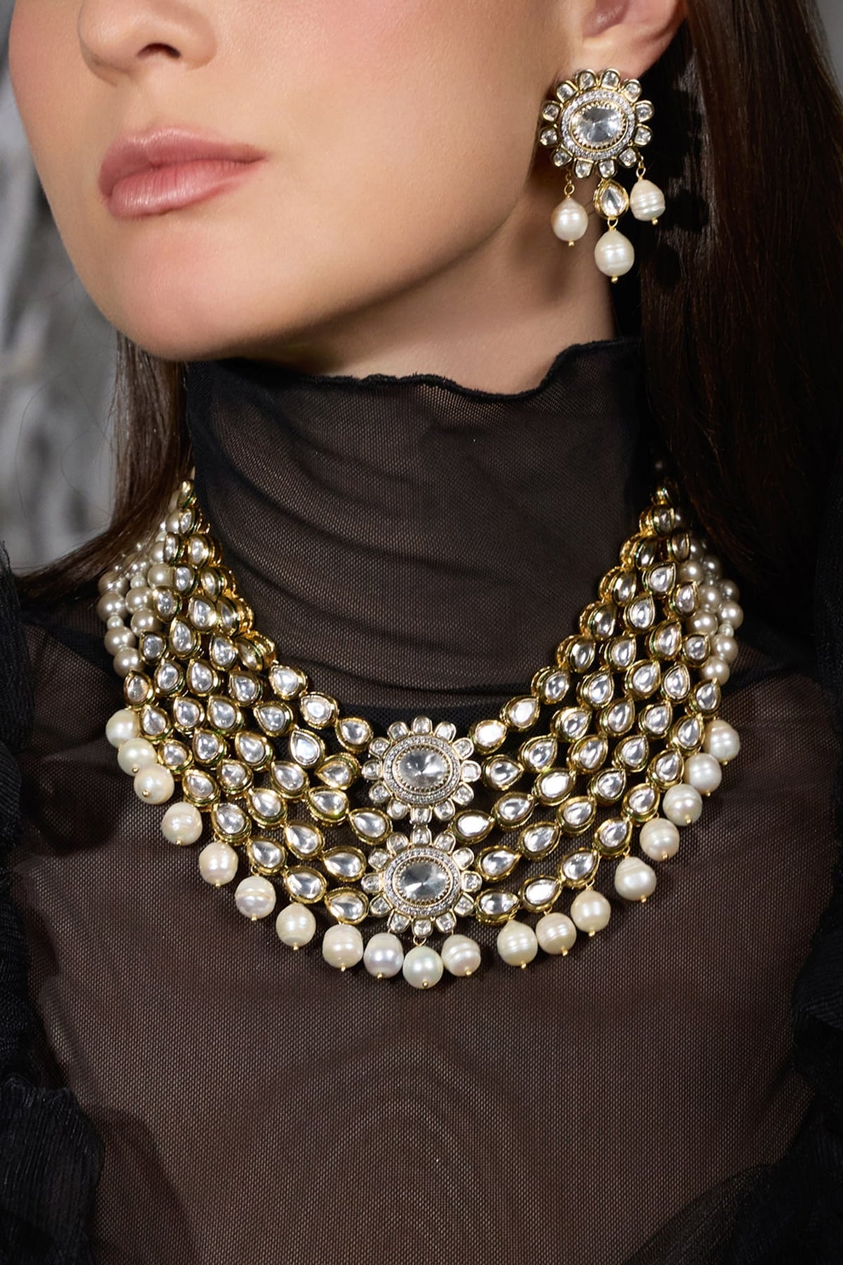 Gold Finish Pearl Layered Necklace Set