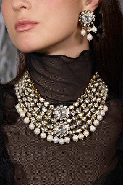Gold Finish Pearl Layered Necklace Set