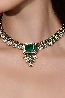 Gold Finish Emerald Green Stone Necklace Set