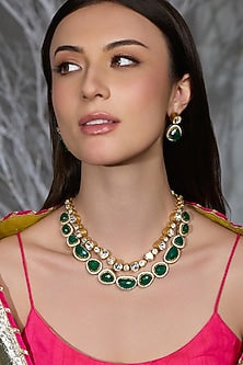 Gold Finish Emerald Green Stone & Crystal Necklace Set