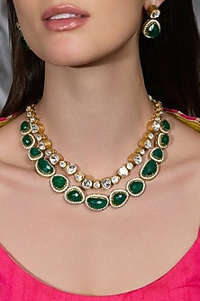 Gold Finish Emerald Green Stone & Crystal Necklace Set