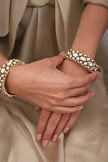 Yellow Gold Finish Crystal Stone Bangles (Set Of 2)