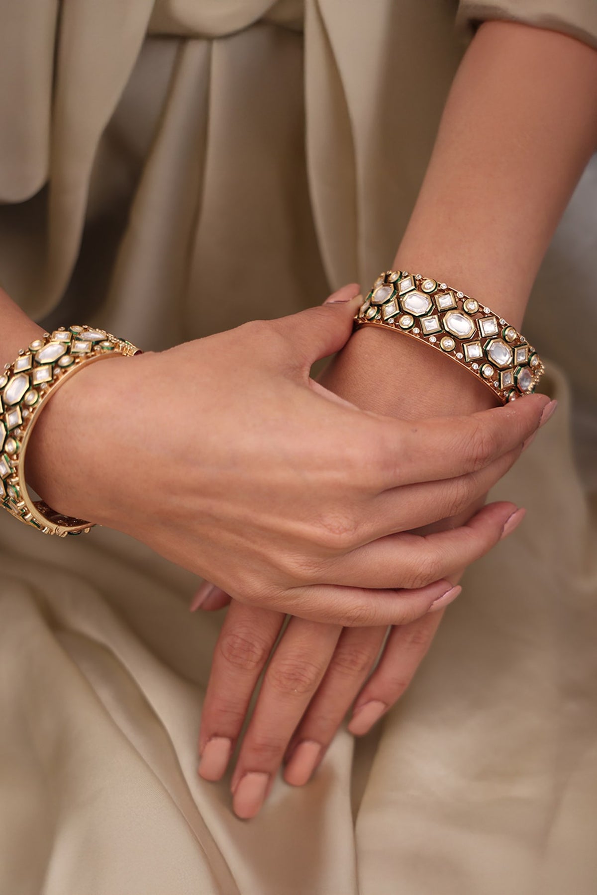 Yellow Gold Finish Crystal Stone Bangles (Set Of 2)