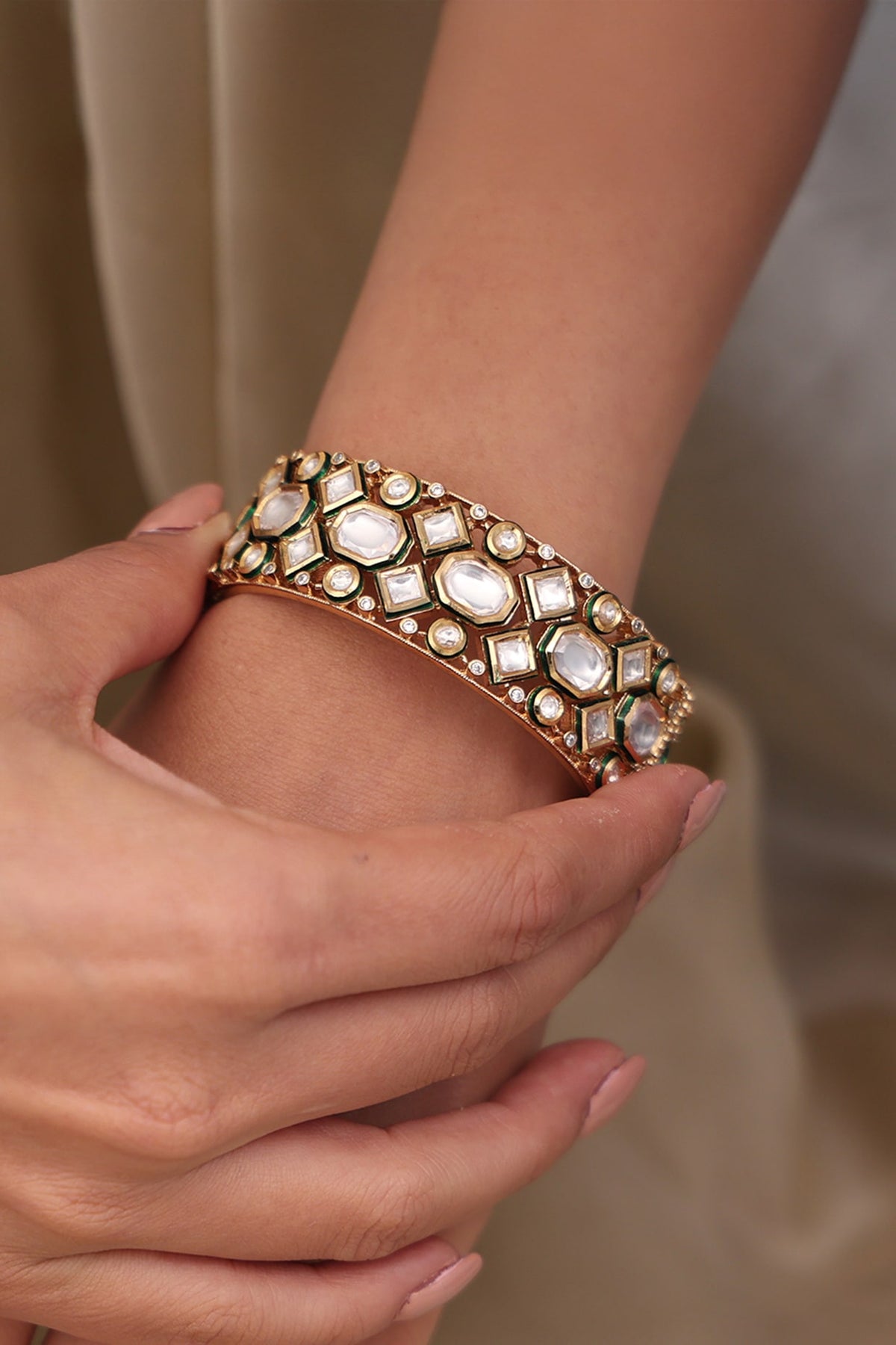 Yellow Gold Finish Crystal Stone Bangles (Set Of 2)