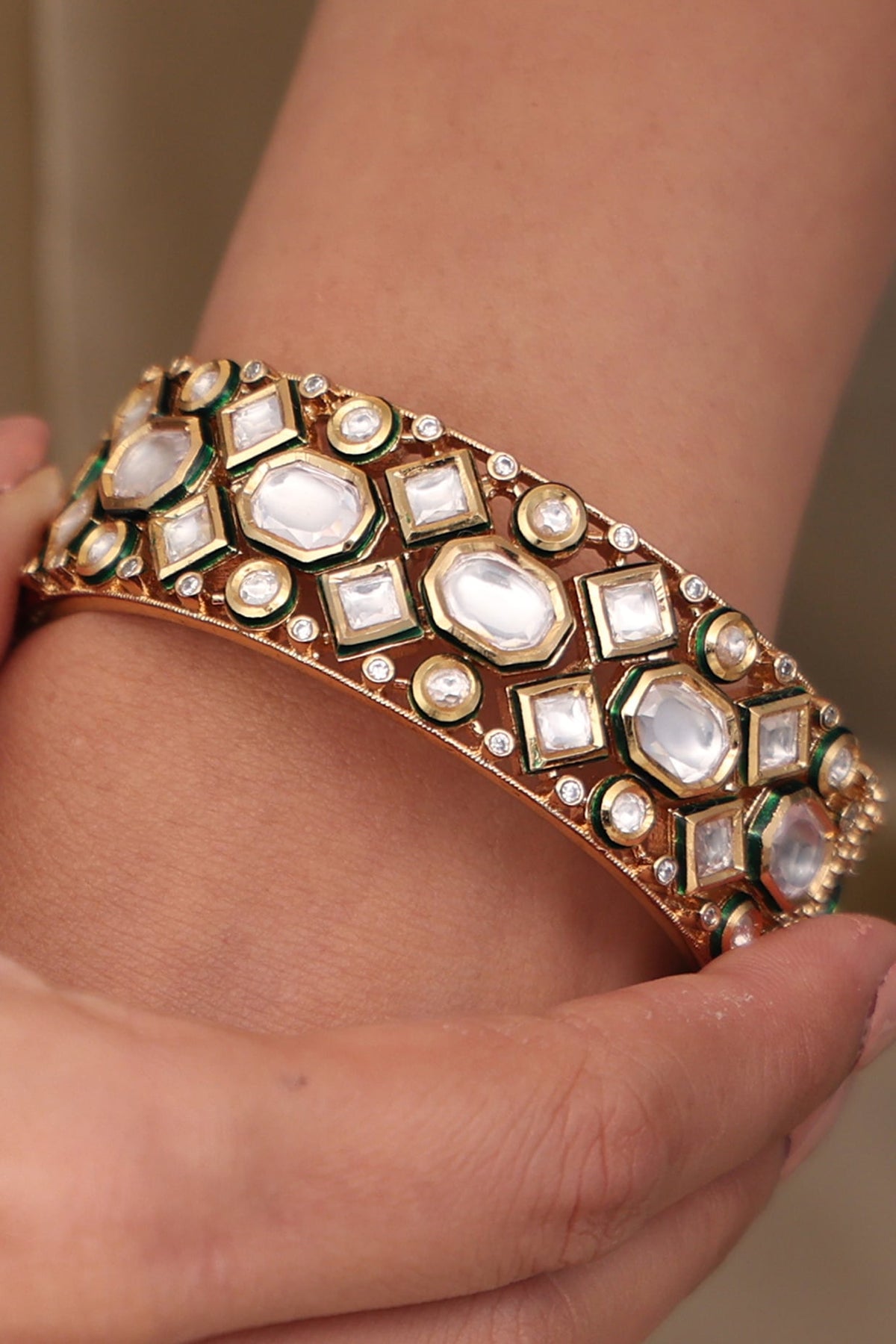 Yellow Gold Finish Crystal Stone Bangles (Set Of 2)
