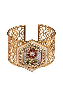 Gold Finish Kada Bracelet With Multi-Colored Stones