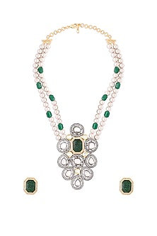 Black Rhodium Finish Handmade Kundan Polki & Pearl Necklace Set