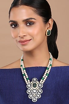 Black Rhodium Finish Handmade Kundan Polki & Pearl Necklace Set
