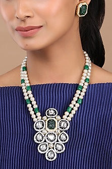 Black Rhodium Finish Handmade Kundan Polki & Pearl Necklace Set