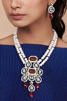 Black Rhodium Finish Kundan Polki & Pearl Necklace Set