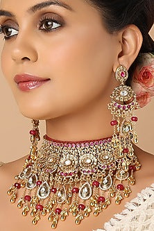 Gold Finish Agate & Hydro Ruby Necklace Set