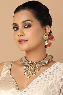 Gold Finish Kundan Polki Meenakari Necklace Set