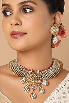 Gold Finish Kundan Polki Meenakari Necklace Set