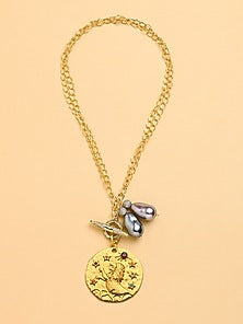 Gold Finish Twin Pearl Leo Celestial Necklace