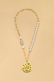 Gold Finish Pearl Leo Celestial Necklace