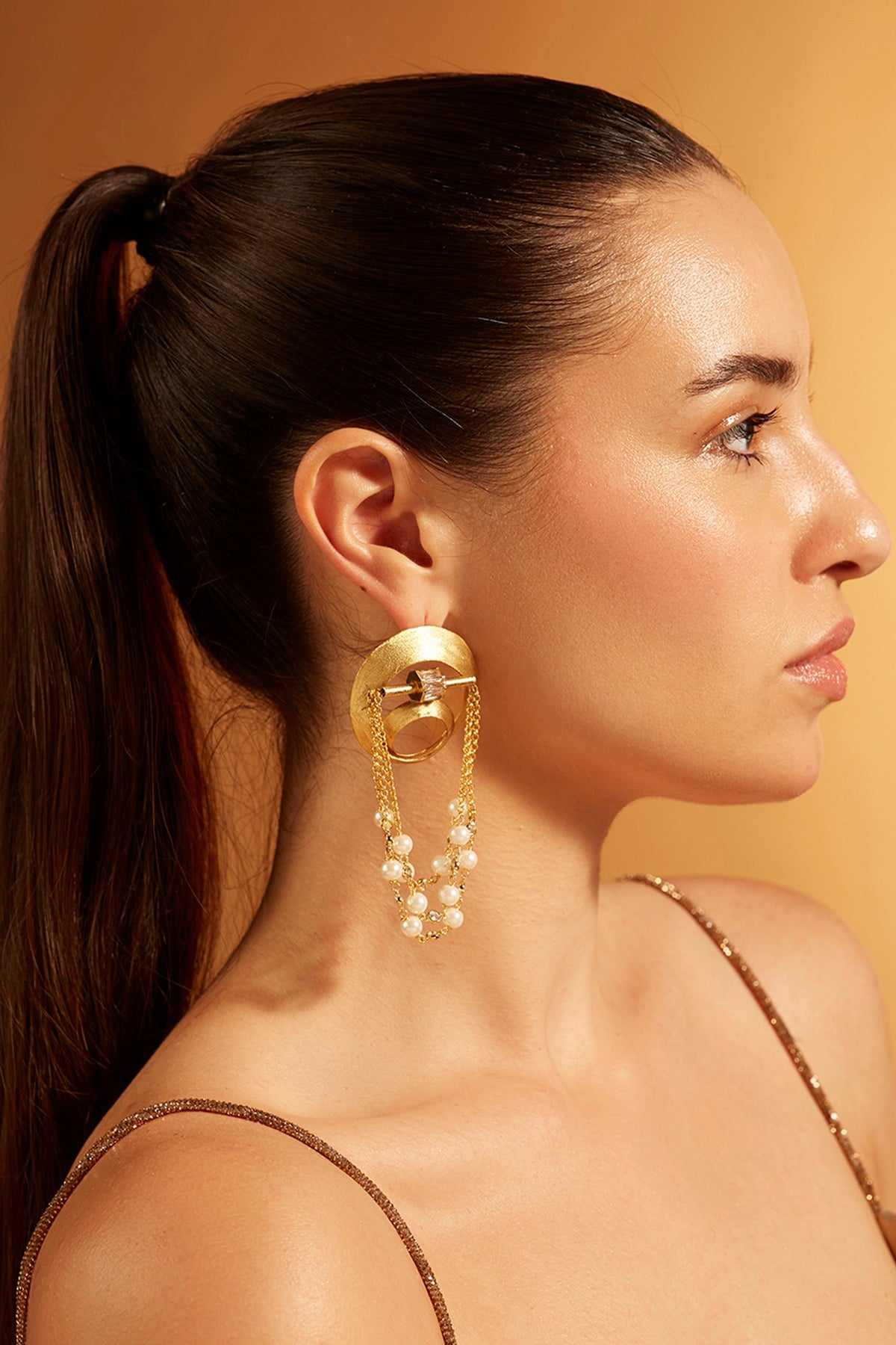 Gold Finish Pearl Dangler Earrings